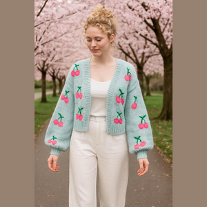 NWT ALTAR'D STATE BLUE & PINK EMBROIDERED CHERRY TREES BULKY KNIT CARDIGAN SZ M